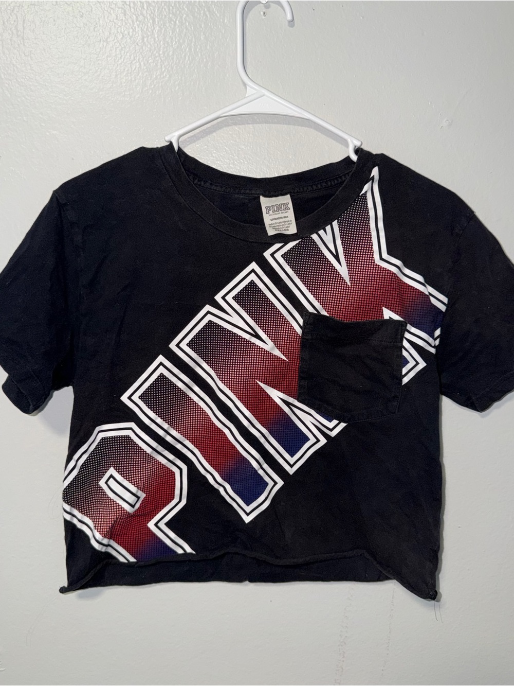 PINK Victoria's Secret Black Crop Tee with Red and Blue Gradient Logo